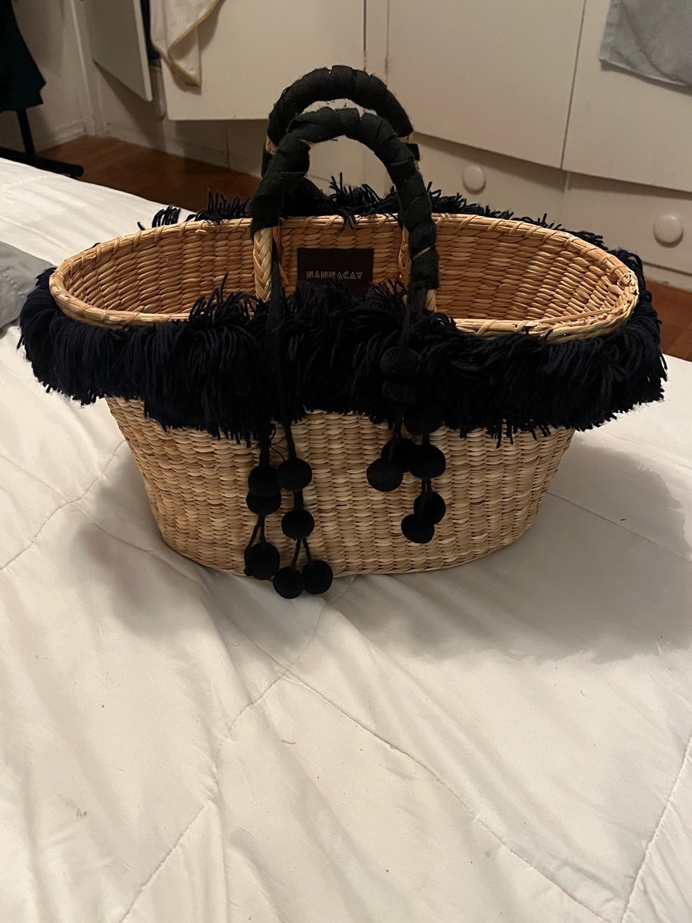nannacay Fringe Pom Straw Tote with Black Trim
